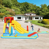 Colorful 7-in-1 inflatable dual slide water park with climbing wall, pool, and basketball hoop for outdoor fun.