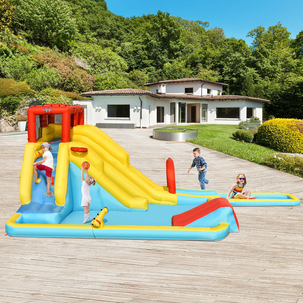 Colorful 7-in-1 inflatable dual slide water park with climbing wall, pool, and basketball hoop for outdoor fun.