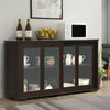 Brown sideboard buffet cupboard with sliding doors and tempered glass, featuring two shelves for kitchen or dining room.