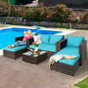 5-piece patio cushioned rattan furniture set in turquoise, featuring a loveseat, sofas, and ottomans by the poolside.