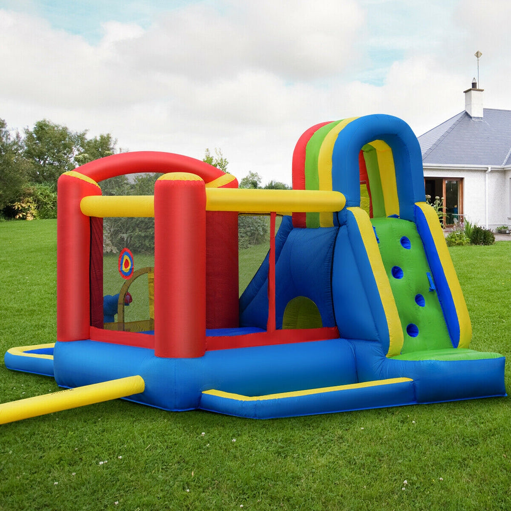 Inflatable kid bounce house with water slide, made of puncture-resistant 420D oxford fabric, ideal for outdoor summer.