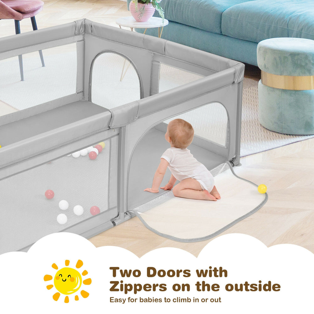 Extra-large gray safety baby fence with two external zippers and 50 ocean balls for secure playtime and interaction.