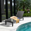 Black outdoor recliner chair with a 5-position adjustable backrest, perfect for poolside relaxation and easy transport.