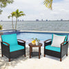Side view of a turquoise cushioned patio chair with a sturdy acacia wood frame, ideal for outdoor lounging and.