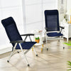 Two blue patio dining chairs with adjustable headrests, made of aluminum and iron, designed for comfort and.