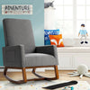 Gray rocking high back upholstered lounge armchair showcasing thickly padded seat and wide armrests for maximum comfort.
