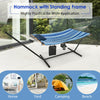 Hammock chair stand set with soft mat and pillow, featuring a stable steel frame for indoor and outdoor relaxation.