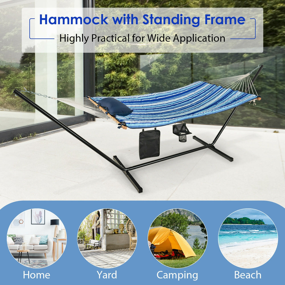 Hammock chair stand set with soft mat and pillow, featuring a stable steel frame for indoor and outdoor relaxation.