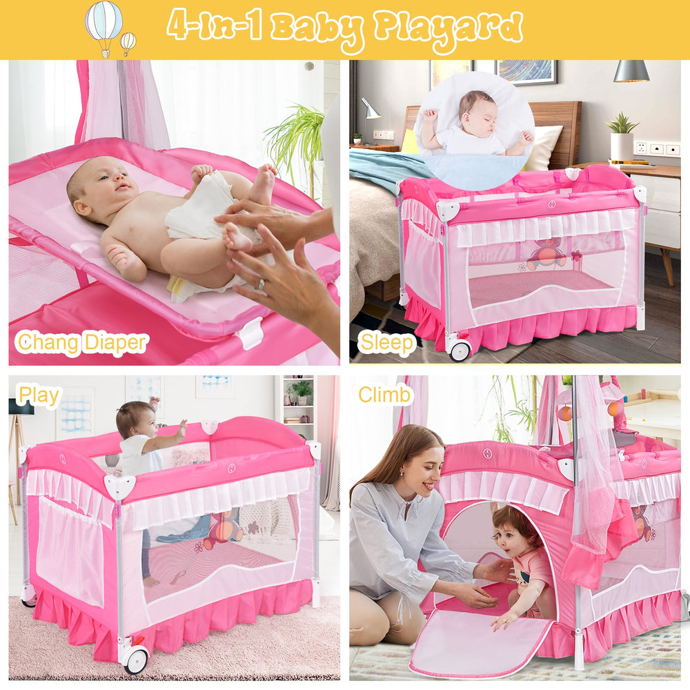 Portable pink baby playpen with diaper changing pad, mosquito net, and wheels for easy mobility and safe playtime.