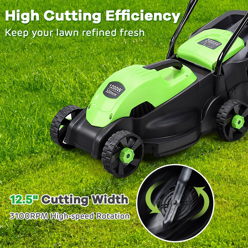 Electric push lawn mower with 12.5" cutting width, ergonomic handle, and grass bag for efficient lawn care.