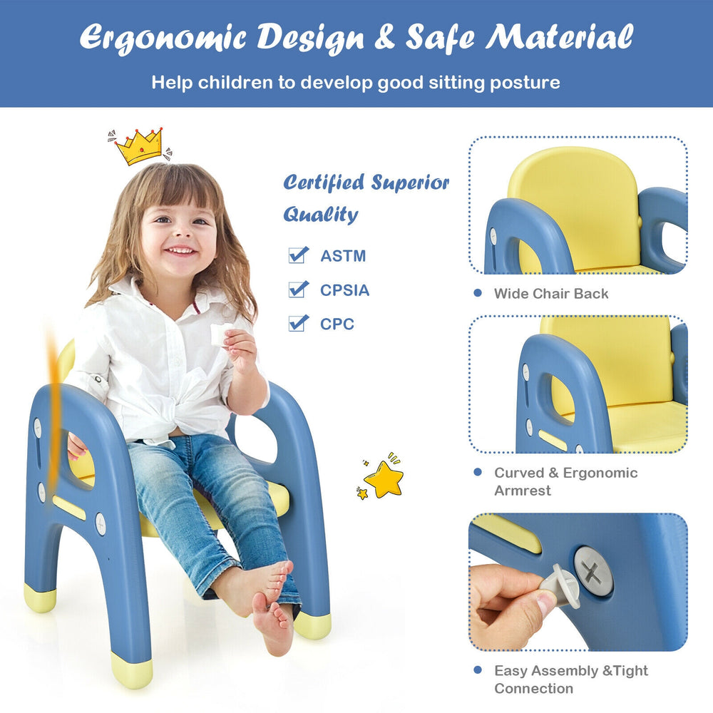 Kids activity chair in blue with ergonomic design, curved armrests, and dinosaur shape for preschool fun and comfort.