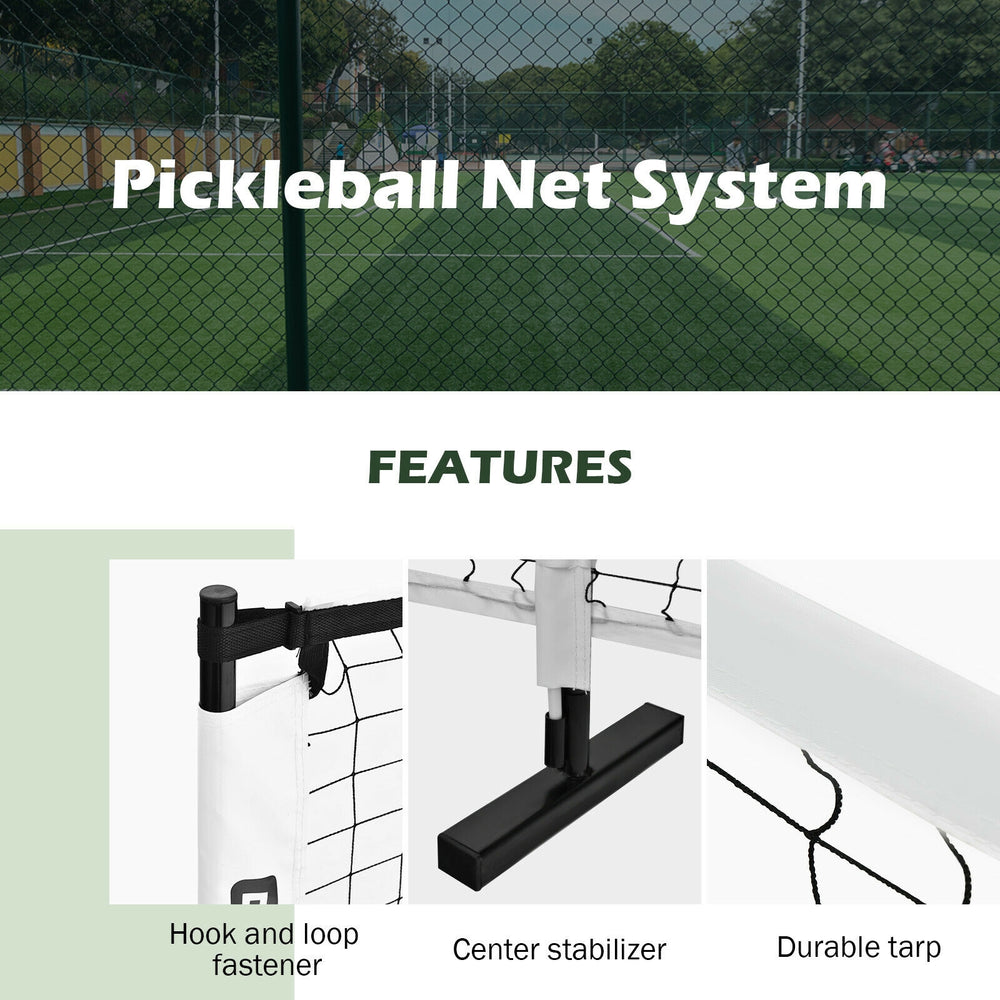 Portable 22-foot pickleball net system with durable tarp, hook fasteners, and center stabilizer for indoor or outdoor.