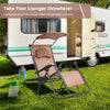 Folding recliner lounge chair in brown with adjustable shade canopy and cup holder, perfect for outdoor relaxation.