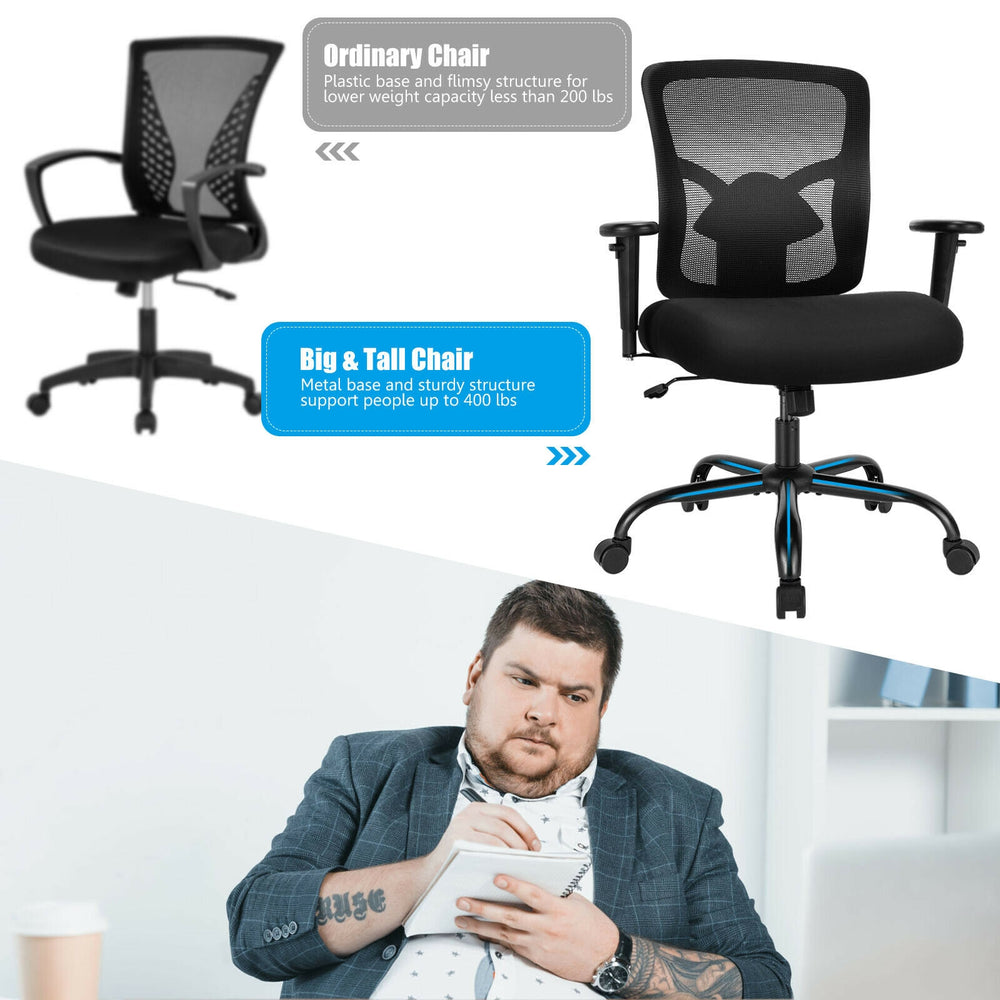 Big and tall office chair with ergonomic design, adjustable lumbar support, and breathable mesh backrest for comfort.