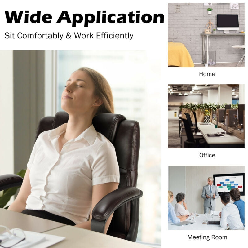 Adjustable leather executive office chair with armrests, ergonomic design, and 360° swivel for home or office use.