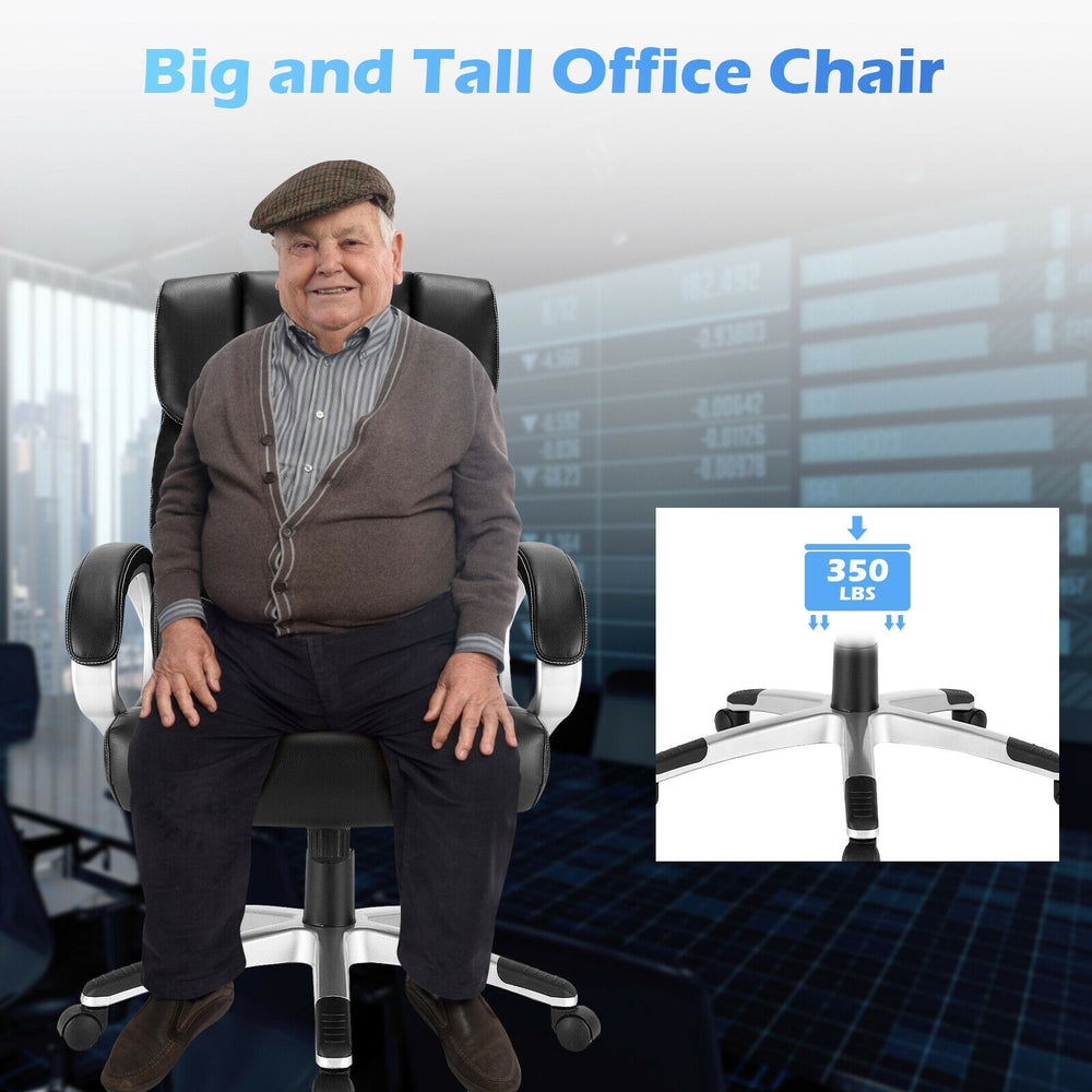 Big and tall adjustable high back leather executive chair with ergonomic design, 350 lbs capacity, ideal for office use.