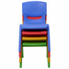 Colorful stackable plastic children's chairs in blue, red, yellow, and green, perfect for playrooms and daycares.