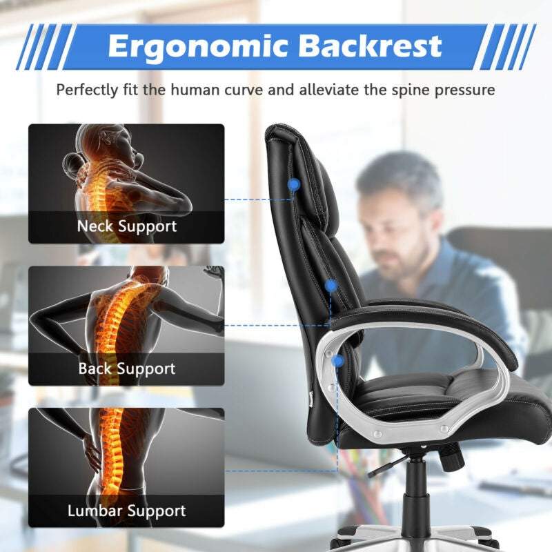 Ergonomic high back leather executive chair with neck and lumbar support, adjustable height, and rocking backrest for.