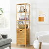 Bamboo tower hamper organizer showcasing a natural bamboo finish and spacious 3-tier shelves for stylish storage.