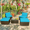 5-piece patio rattan furniture set with turquoise cushions, ideal for outdoor relaxation on a patio or garden.