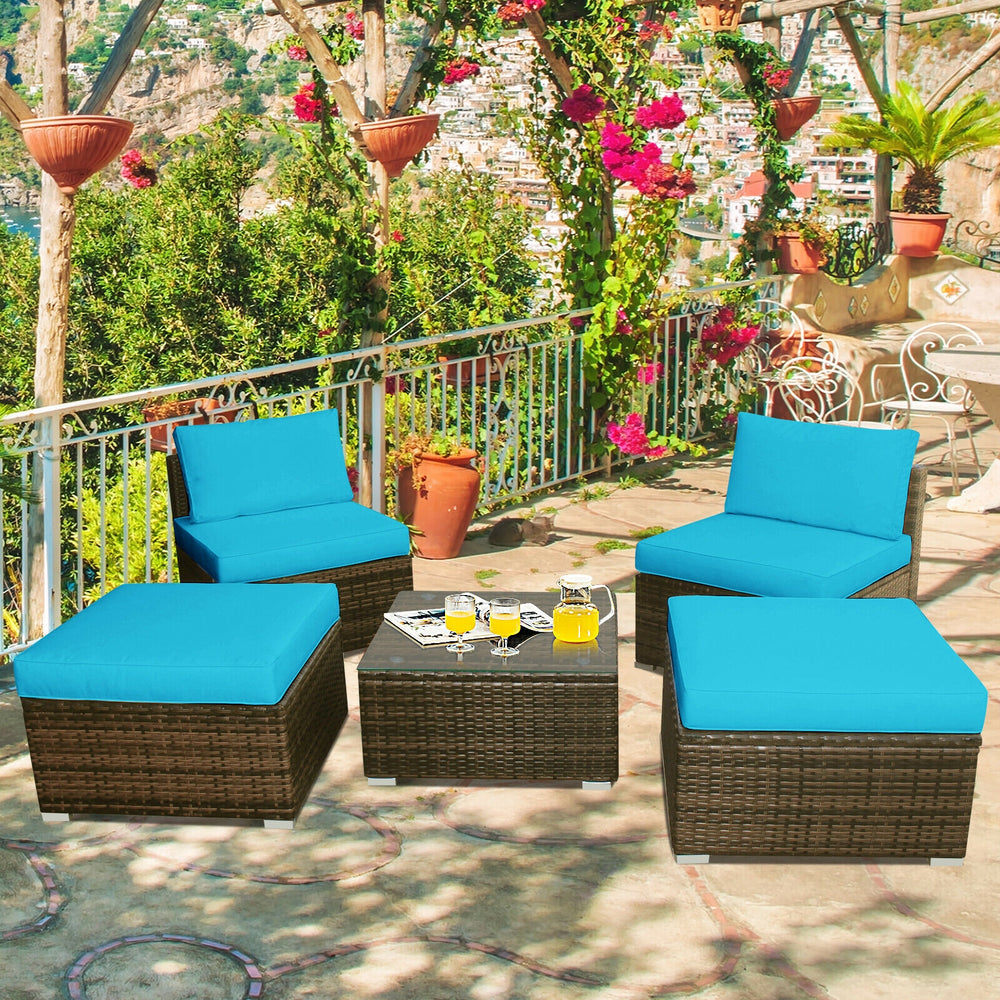 5-piece patio rattan furniture set with turquoise cushions, ideal for outdoor relaxation on a patio or garden.