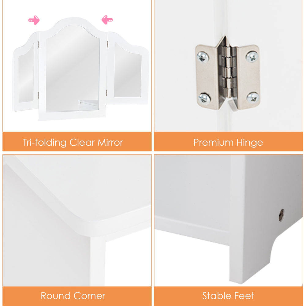 Kids tri-folding mirror vanity table set in white with round corners, premium hinges, and stable feet for safety and.