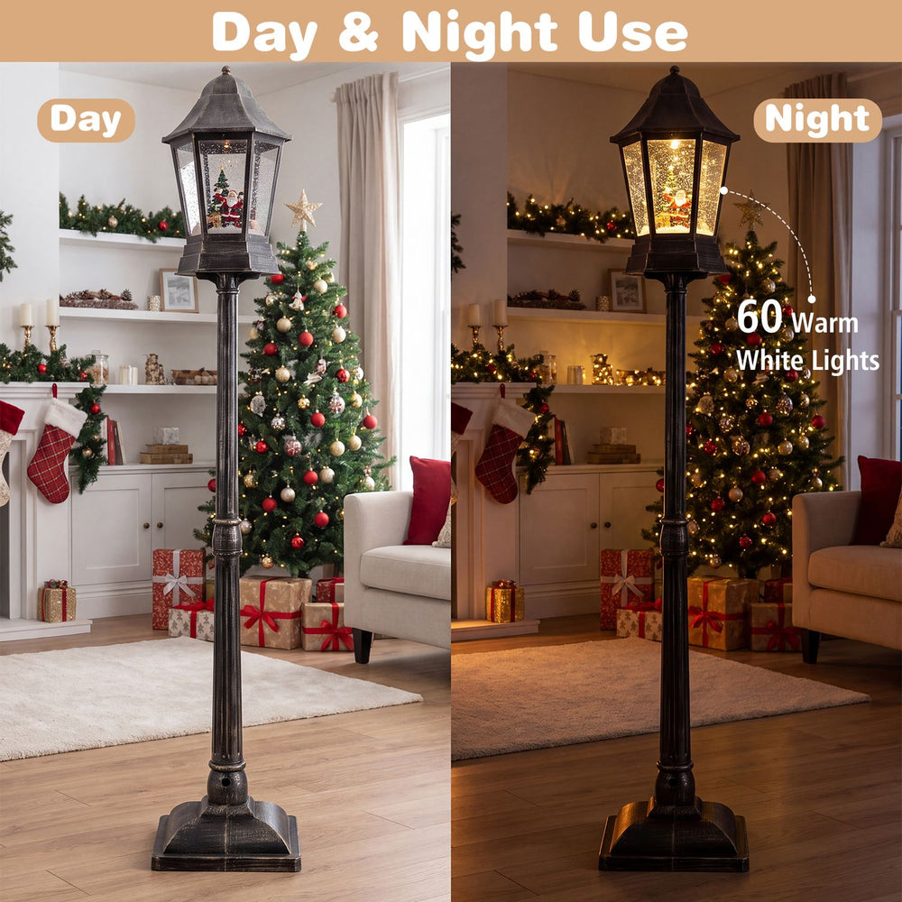 Black 5.4 ft musical Christmas street lamp with dynamic snowfall, shown glowing beside a decorated tree indoors.