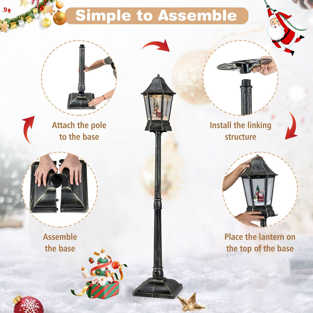 Black 5.4 ft musical Christmas street lamp shown with assembly steps and dynamic snowfall effect for indoor or outdoor displays.