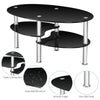 Tempered glass oval coffee table in black with two bottom shelves for storage, ideal for living room use.
