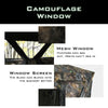 Camouflage window detail of a 3-person portable pop-up hunting blind, featuring mesh for visibility and concealment.