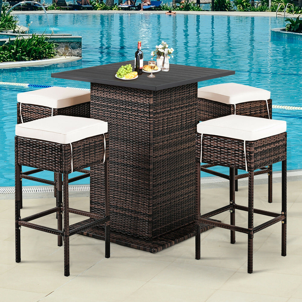 5 Pieces Patio Rattan Bar Table Stool Set Hidden Storage Shelf Cushioned-White - Gallery View 1 of 10