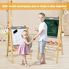 Kids' art easel featuring a double-sided chalkboard and whiteboard, adjustable height for ages 3+, perfect for creative.