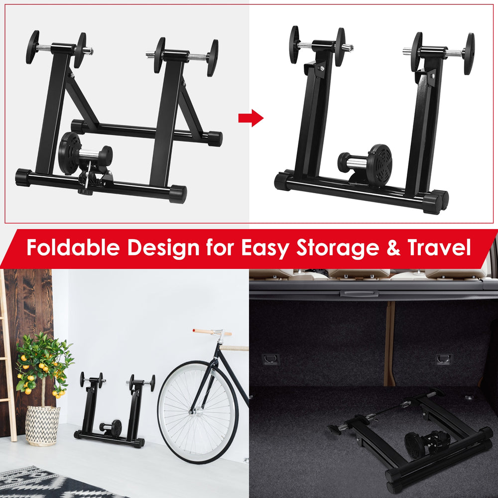 Portable folding steel bicycle training stand with pyramid structure, ideal for 26"-28" wheels, easy to store and.