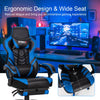 Adjustable gaming chair in blue with ergonomic design, wide seat, and retractable footrest for comfort in home office.