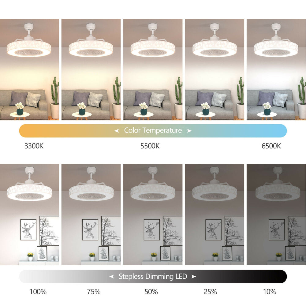 23-inch white ceiling fan with LED light, remote control, and adjustable color temperature for versatile home decor.