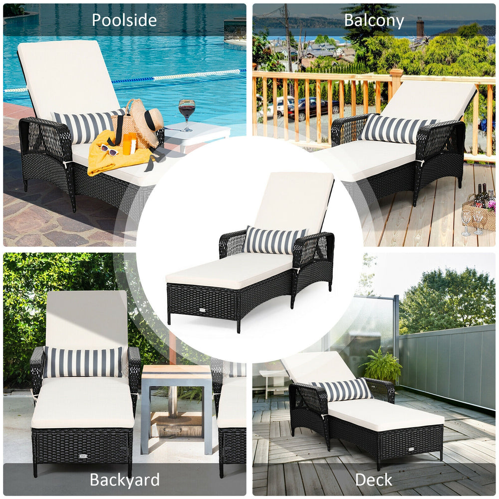 Adjustable PE rattan chaise lounge chair with off-white cushion, perfect for poolside relaxation or outdoor use.