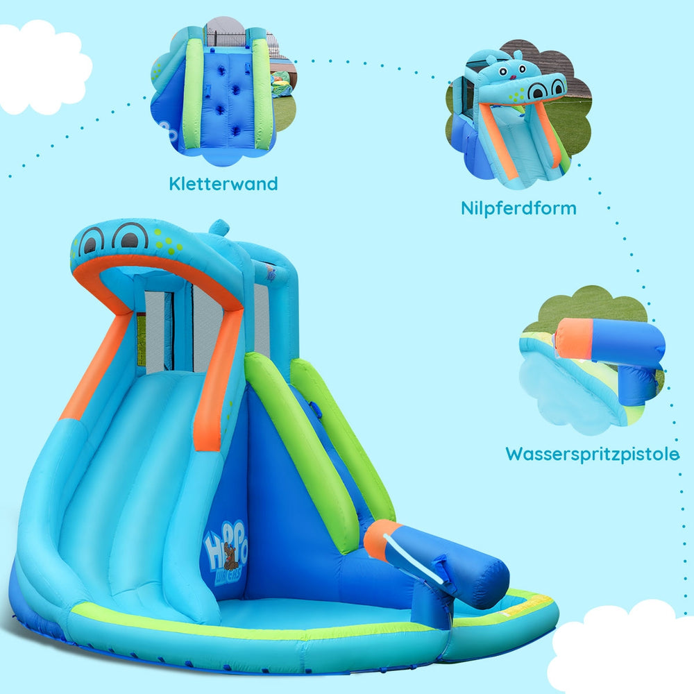 Inflatable hippo water pool with splash slide, climbing wall, and water cannon for summer fun and safe play.