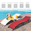 Folding patio lounger chairs in red and beige with premium wicker, perfect for poolside relaxation and easy storage.