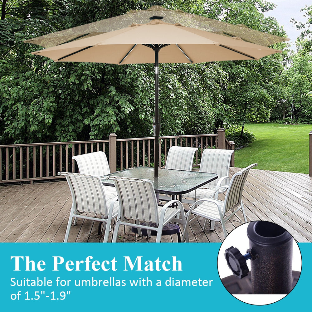 Heavy-duty 30lbs patio umbrella base with decorative bronze finish, suitable for umbrellas with 1.5"-1.9" diameter.