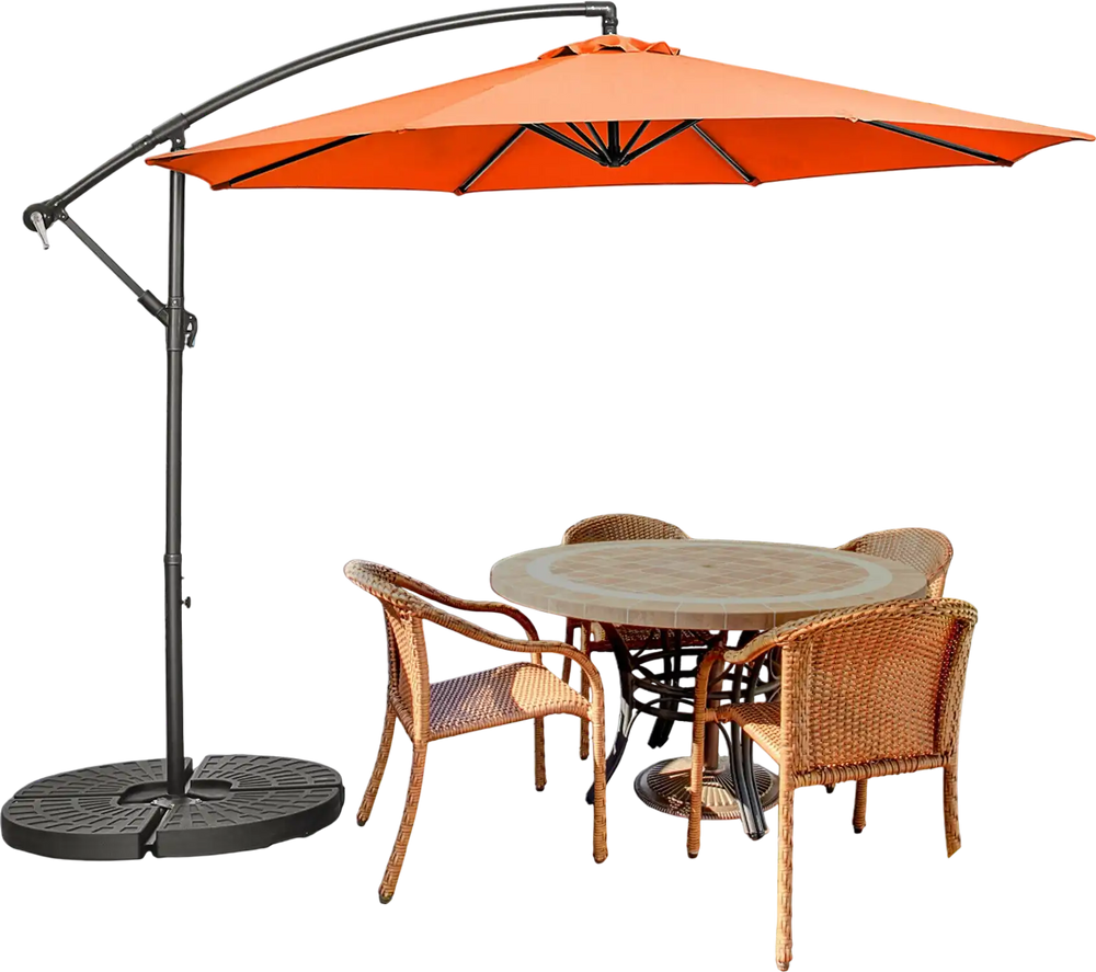 10 feet offset umbrella in orange with 8 ribs, set up on a patio for shade and outdoor relaxation.