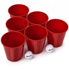 Set of six red buckets from the Yard Pong Giant Pong Game, perfect for outdoor parties and activities.