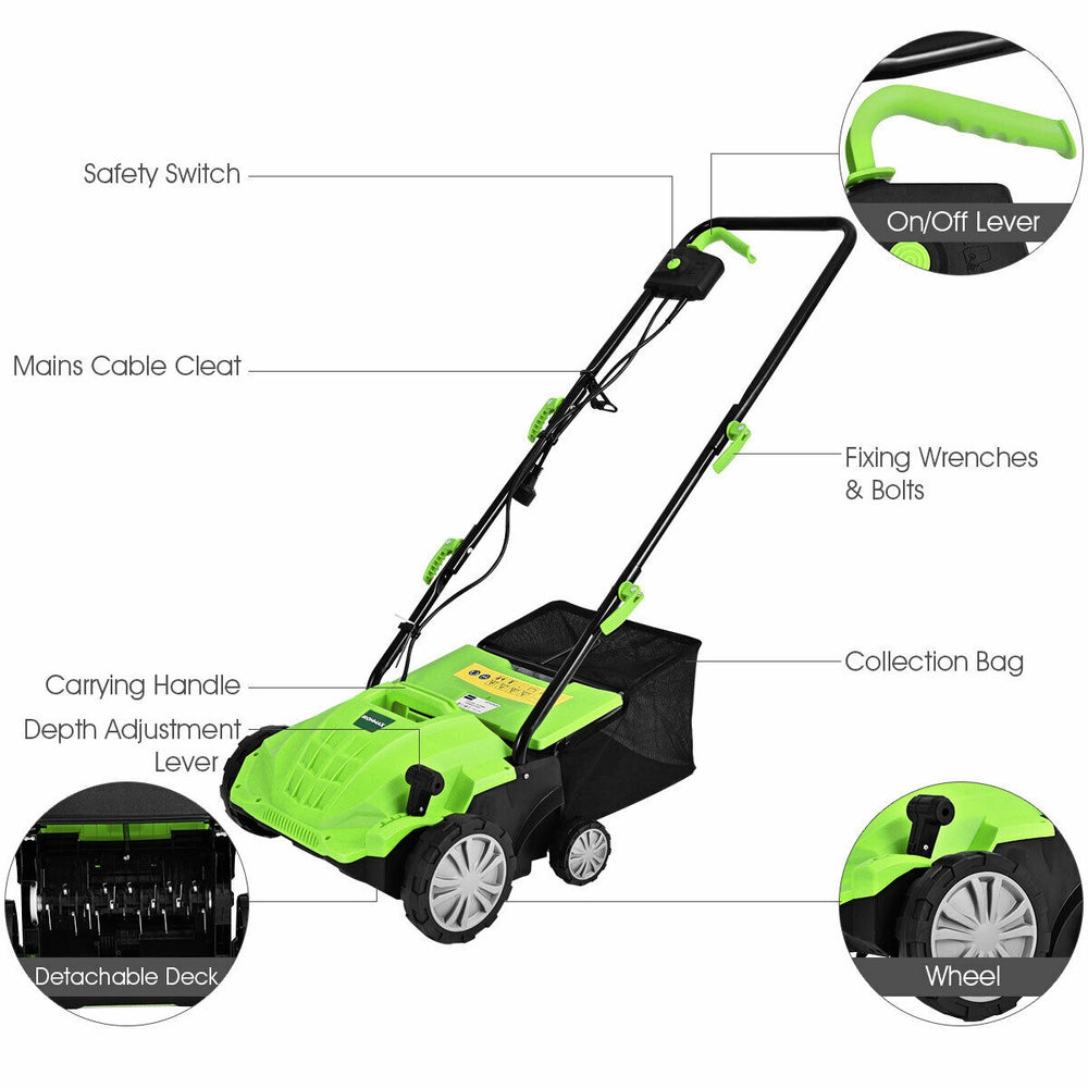 13-inch electric scarifier with collection bag, featuring depth adjustment lever and dual safety switch for secure.