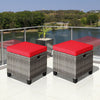 Two outdoor rattan ottomans with red removable cushions, perfect for patio or poolside use, featuring durable PE rattan.