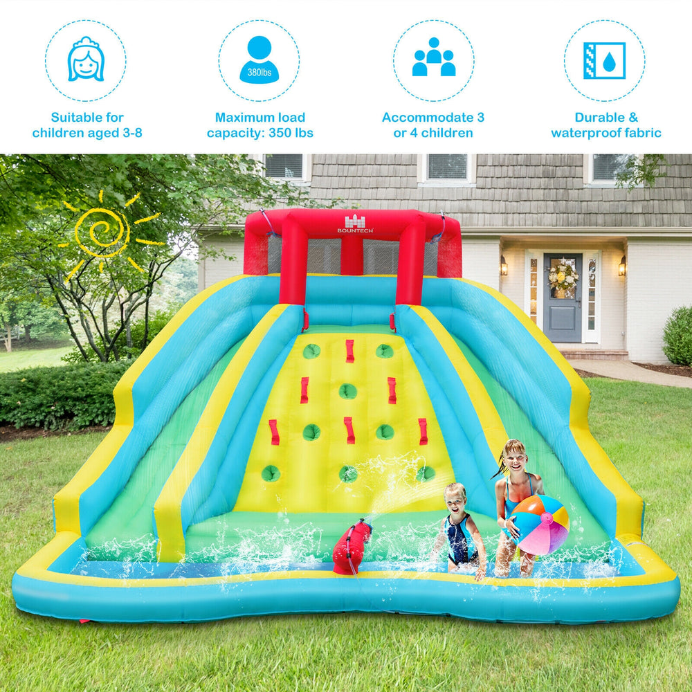 Inflatable water park with double slide, climbing wall, and splash pool for kids, perfect for summer fun.