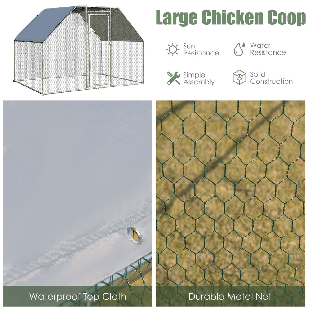 Large walk-in chicken run cage with waterproof cover and durable metal net, ideal for outdoor use in backyards or farms.