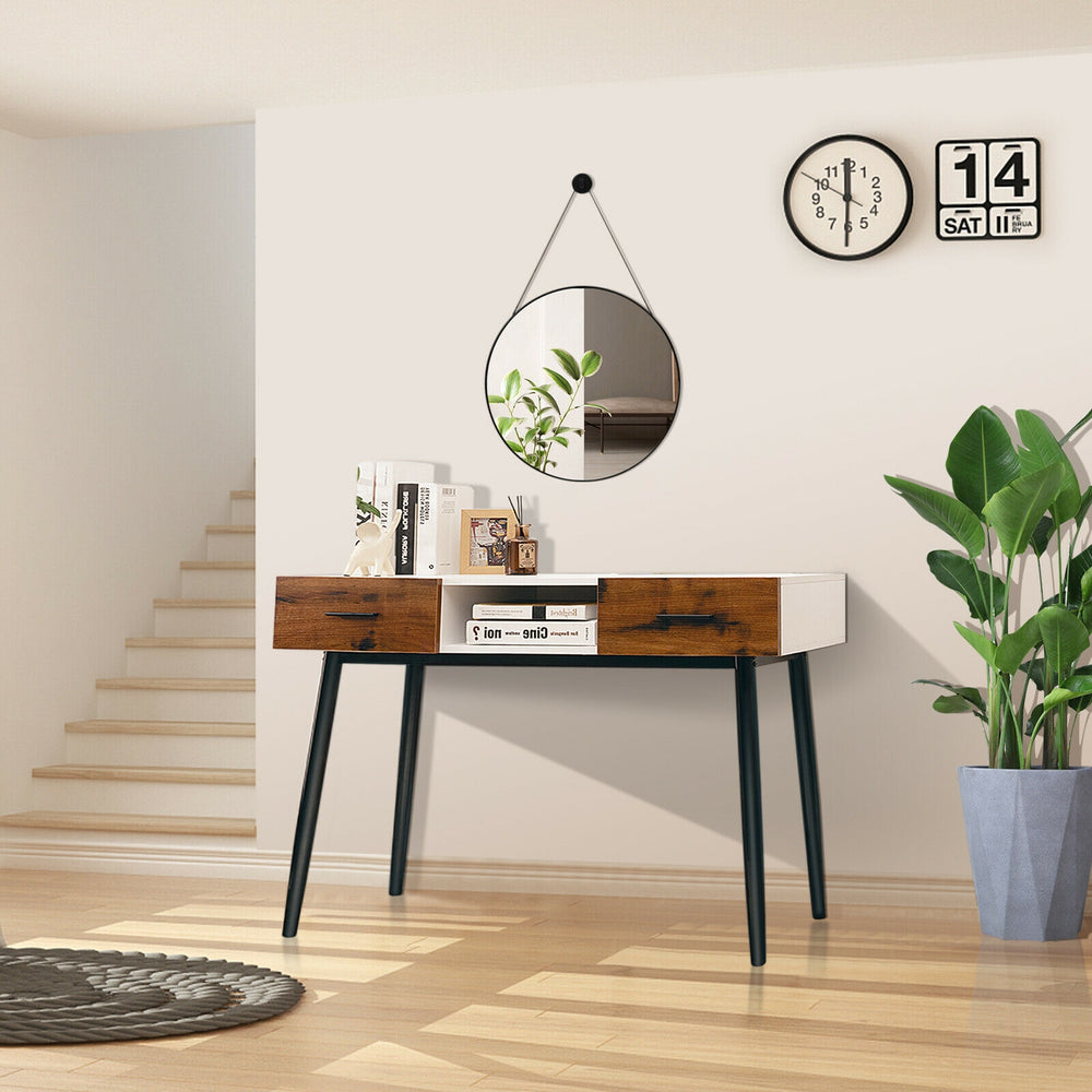 42-inch industrial console table with two drawers and a large open shelf, perfect for stylish entryway organization.