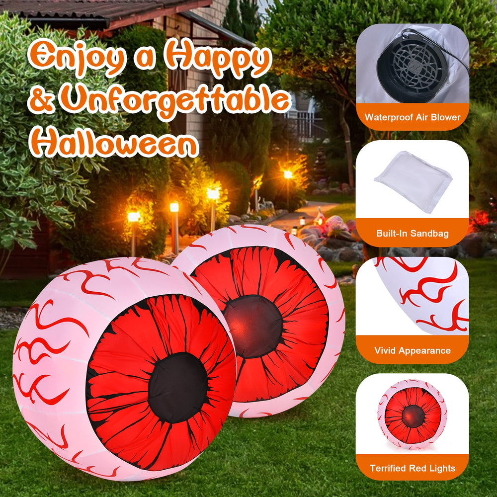 Two 3-foot Halloween inflatable eyeballs with vivid bloodshot patterns and built-in red LED lights for a spooky.