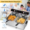 Dual tank electric countertop deep fryer with stainless steel construction, featuring separate temperature controls for.