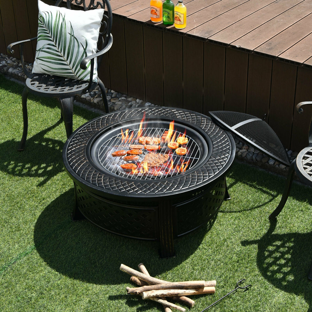 Outdoor fire pit with BBQ grill, high-temp finish, and mesh cover, perfect for backyard gatherings and grilling.