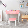 Kids vanity dressing table set in pink with a 360-degree mirror, curved legs, and three storage drawers for makeup.